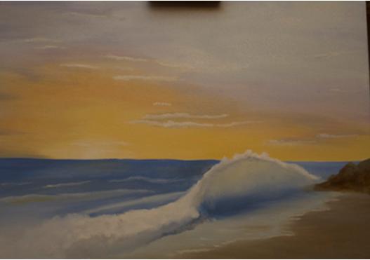 Dipingere il mare con nave al tramonto 